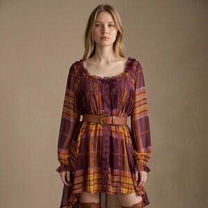Free People Faye Frock Mini Dress Plum S Boho Lace Ruffle Long Sleeve NWT